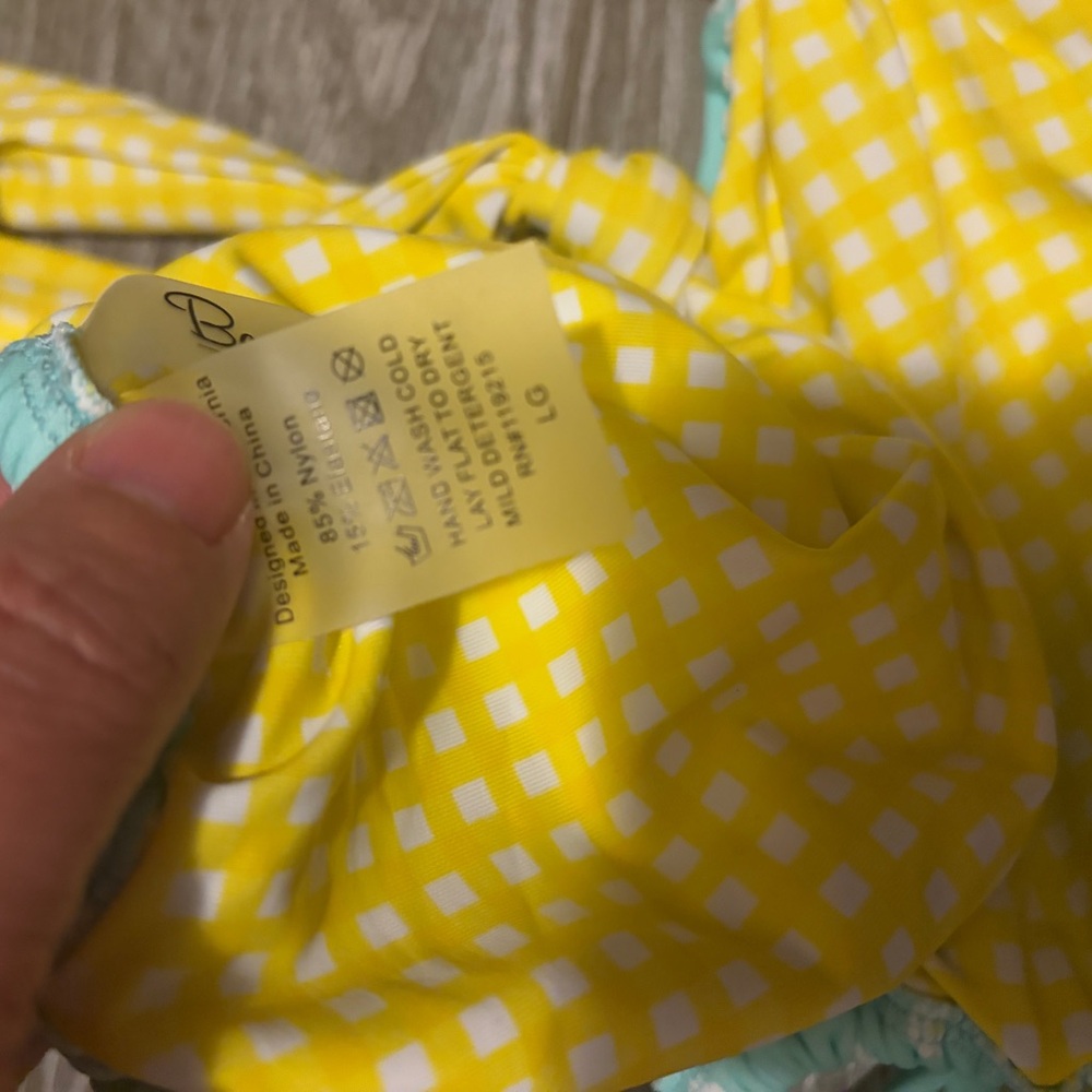Beach Bunny Aqua Daisy Triangle Bikini Top with Yellow Gingham Ties Large - Picture 4 of 5